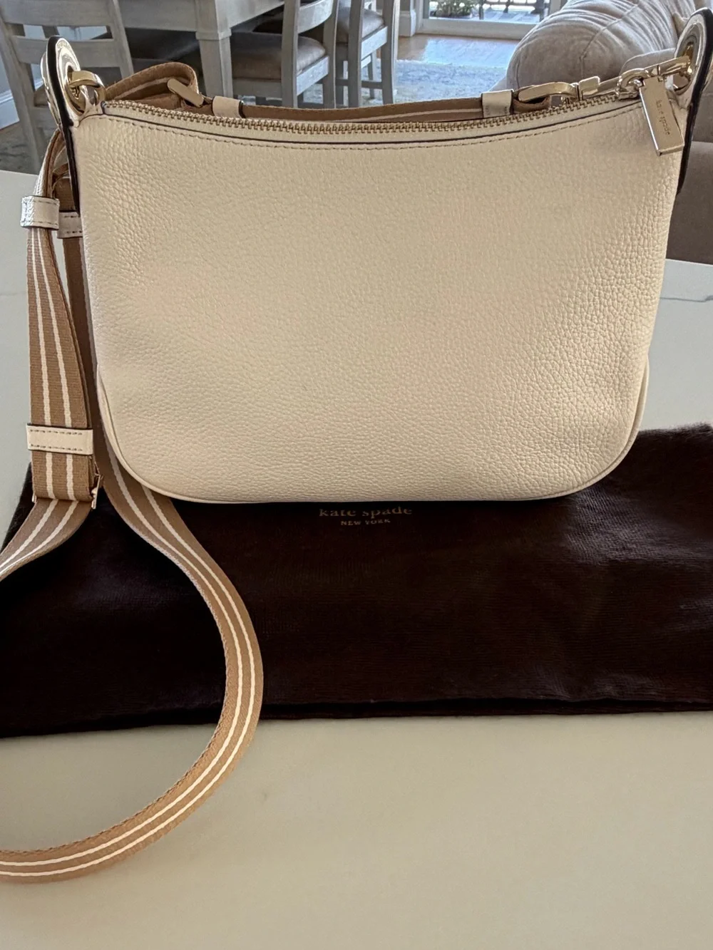 Kate Spade Ivory White Pebbled Leather Crossbody with Tan Striped Strap Like New